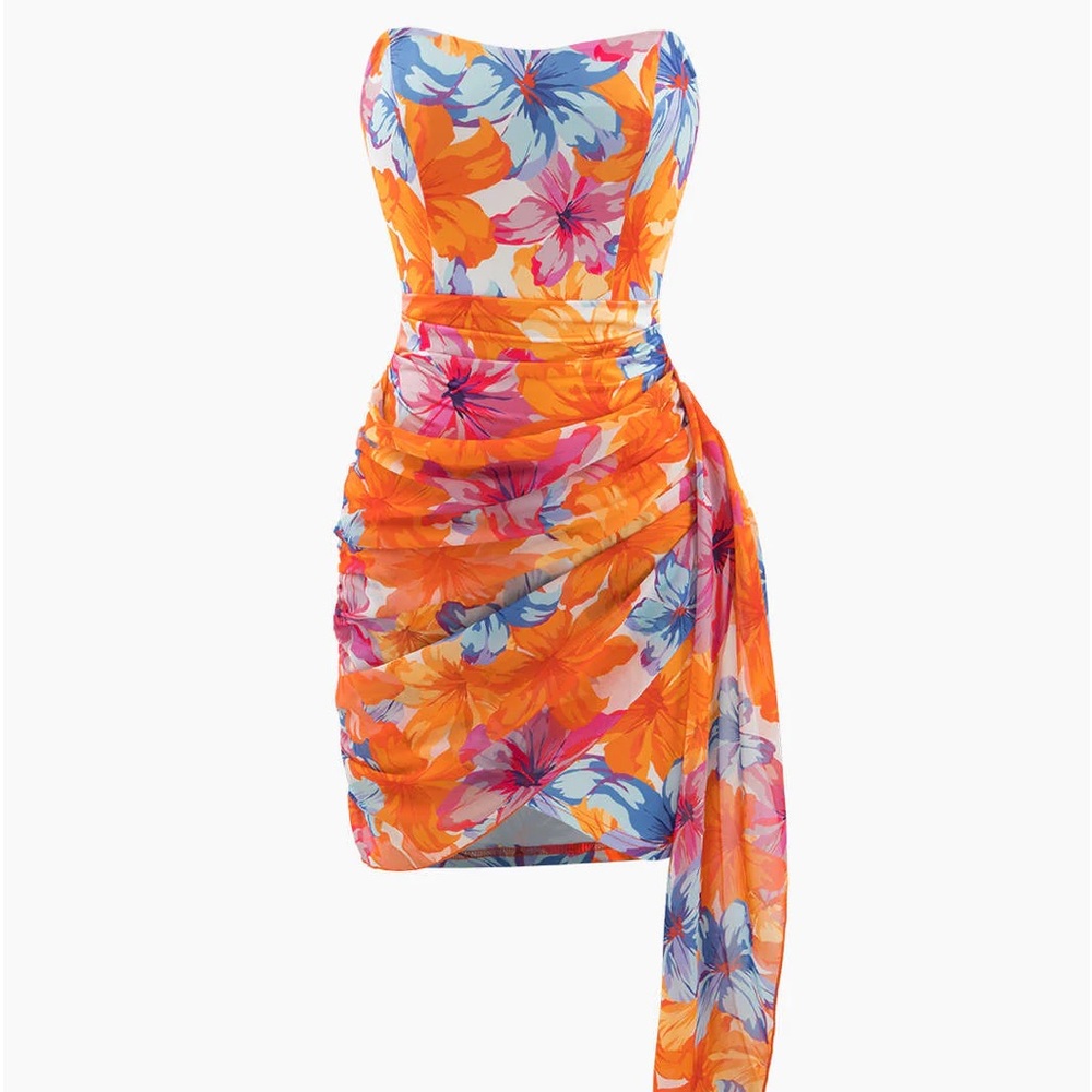 Floral Print Wrap Ruched Strapless Mini Dress